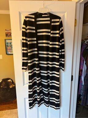 Alice + Olivia Black and White Striped Duster Cardigan
